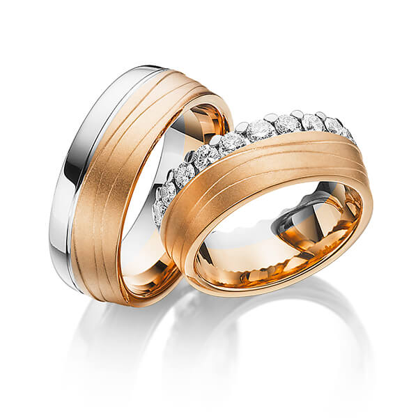 Paar bicolor Memoire-Trauringe/Eheringe in Weißgold 585 Rotgold 585 vollausgefasst mit zus. 1,84 ct. Brillant tw, si von Steinberg