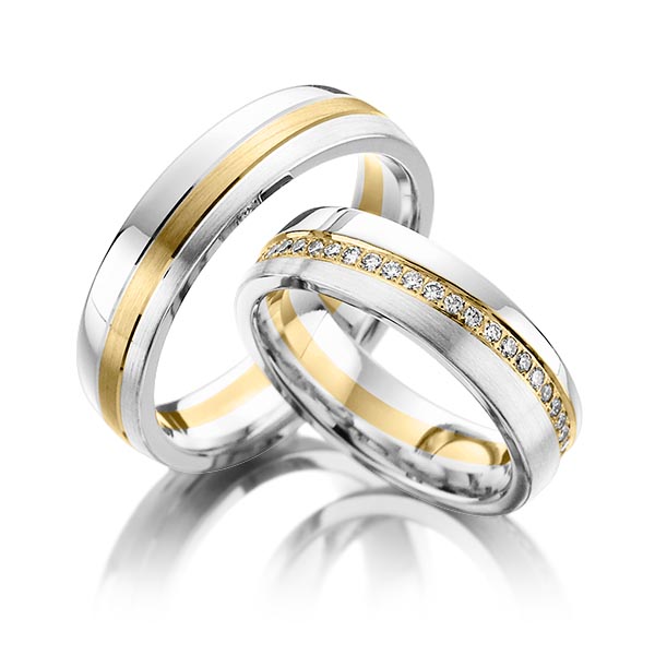 Paar bicolor Memoire-Trauringe/Eheringe in Weißgold 750 Gelbgold 750 vollausgefasst mit zus. 0,74 ct. Brillant tw, si von Steinberg - Q-1096-6