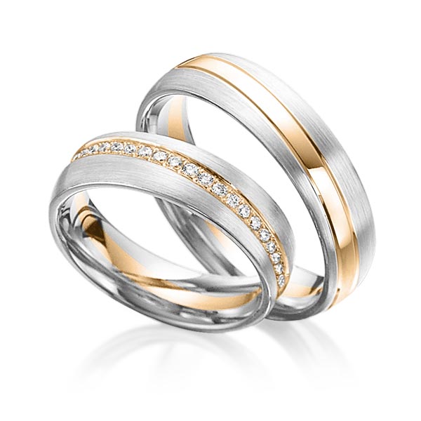Paar bicolor Memoire-Trauringe/Eheringe in Weißgold 750 Roségold 750 vollausgefasst mit zus. 0,46 ct. Brillant tw, si von Steinberg - Q-1105-8 Paar bicolor Memoire-Trauringe/Eheringe in Weißgold 750 Roségold 750 vollausgefasst mit zus. 0,46 ct. Brillant tw, si von Steinberg - Q-1105-8