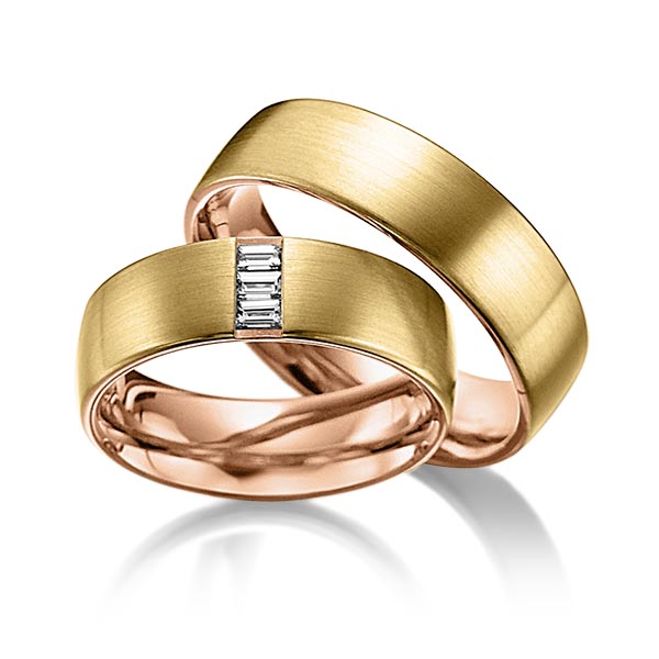 Paar bicolor Trauringe/Eheringe in aussen Gelbgold 585 , innen Rotgold 585 mit zus. 0,18 ct. Baguette-Diamant tw, vs von acredo - A-6017-9 Paar bicolor Trauringe/Eheringe in aussen Gelbgold 585 , innen Rotgold 585 mit zus. 0,18 ct. Baguette-Diamant tw, vs von acredo - A-6017-9