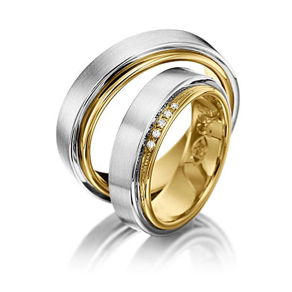 Paar bicolor Trauringe/Eheringe in außen Graugold 585 , innen Gelbgold 585 mit zus. 0,04 ct. Brillant tw, si von 123GOLD - P-1064-3 Paar bicolor Trauringe/Eheringe in außen Graugold 585 , innen Gelbgold 585 mit zus. 0,04 ct. Brillant tw, si von 123GOLD - P-1064-3