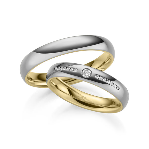 Paar bicolor Trauringe/Eheringe in außen Graugold 585 , innen Gelbgold 585 mit zus. 0,12 ct. Brillant tw, si 