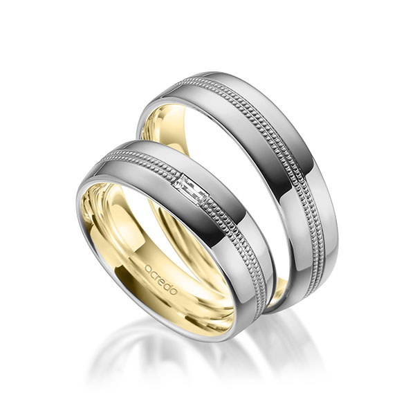 Paar bicolor Trauringe/Eheringe in außen Graugold 585 , innen Gelbgold 585 mit zus. 0,1 ct. Baguette-Diamant tw, vs von acredo - A-1752-1