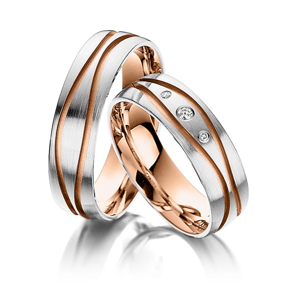 Paar bicolor Trauringe/Eheringe in aussen Graugold 585 , innen Rotgold 585 mit zus. 0,04 ct. Brillant tw, si von Steinberg