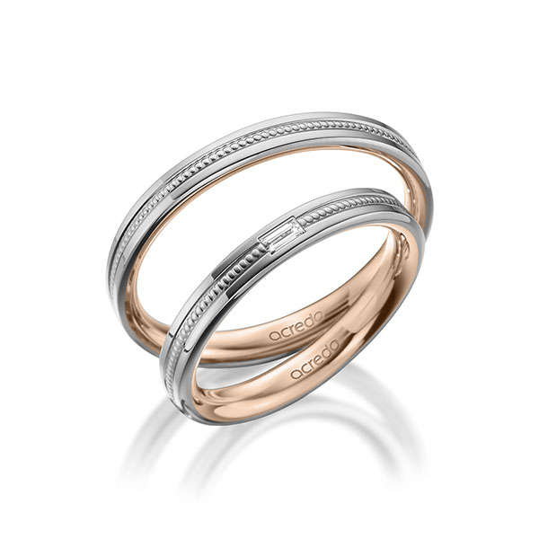 Paar bicolor Trauringe/Eheringe in außen Graugold 585 , innen Rotgold 585 mit zus. 0,05 ct. Baguette-Diamant tw, vs von acredo - A-1751-11