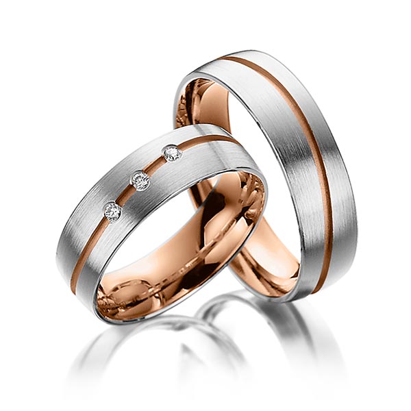 Paar bicolor Trauringe/Eheringe in außen Graugold 585 , innen Rotgold 585 mit zus. 0,06 ct. Brillant tw, si von Steinberg - T-1069-1 Paar bicolor Trauringe/Eheringe in außen Graugold 585 , innen Rotgold 585 mit zus. 0,06 ct. Brillant tw, si von Steinberg - T-1069-1