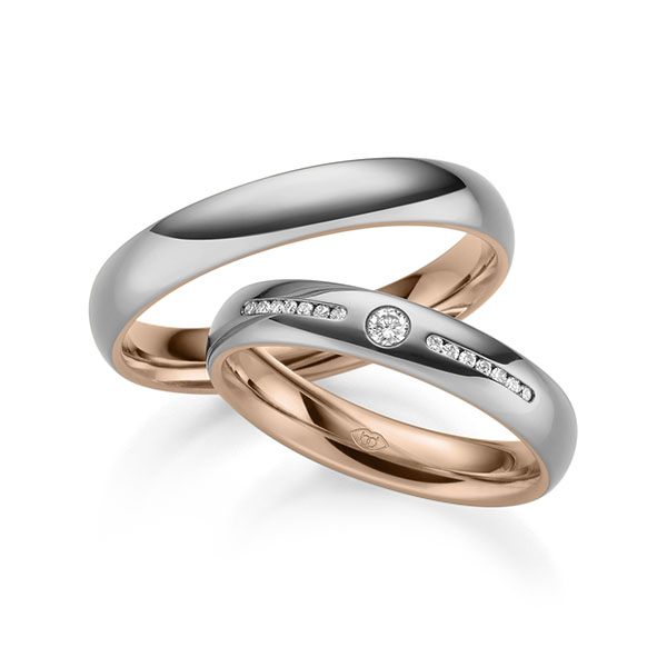 Paar bicolor Trauringe/Eheringe in außen Graugold 585 , innen Rotgold 585 mit zus. 0,12 ct. Brillant tw, si 