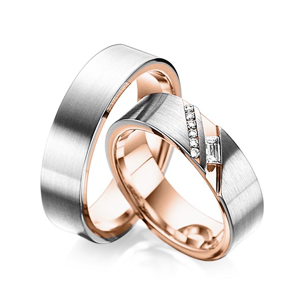 Paar bicolor Trauringe/Eheringe in außen Graugold 585 , innen Rotgold 585 mit zus. 0,16 ct. Baguette-Diamant & Brillant tw, vs tw, si von acredo - A-6019-1 Paar bicolor Trauringe/Eheringe in außen Graugold 585 , innen Rotgold 585 mit zus. 0,16 ct. Baguette-Diamant & Brillant tw, vs tw, si von acredo - A-6019-1