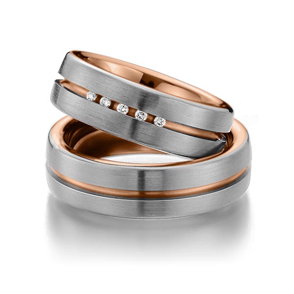 Paar bicolor Trauringe/Eheringe in außen Graugold dunkel 585 , innen Rotgold 585 mit zus. 0,075 ct. Brillant tw, si von 123GOLD