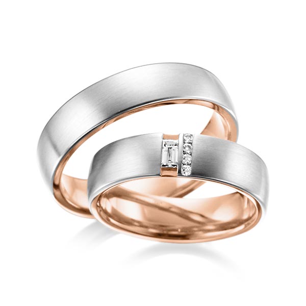 Paar bicolor Trauringe/Eheringe in aussen Platin 950 , innen Rotgold 750 mit zus. 0,132 ct. Baguette-Diamant & Brillant tw, vs von acredo - A-6018-2 Paar bicolor Trauringe/Eheringe in aussen Platin 950 , innen Rotgold 750 mit zus. 0,132 ct. Baguette-Diamant & Brillant tw, vs von acredo - A-6018-2