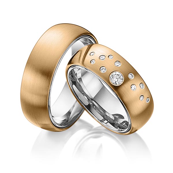 Paar bicolor Trauringe/Eheringe in aussen Roségold 585 , innen Graugold 585 mit zus. 0,235 ct. Brillant tw, si von 123GOLD