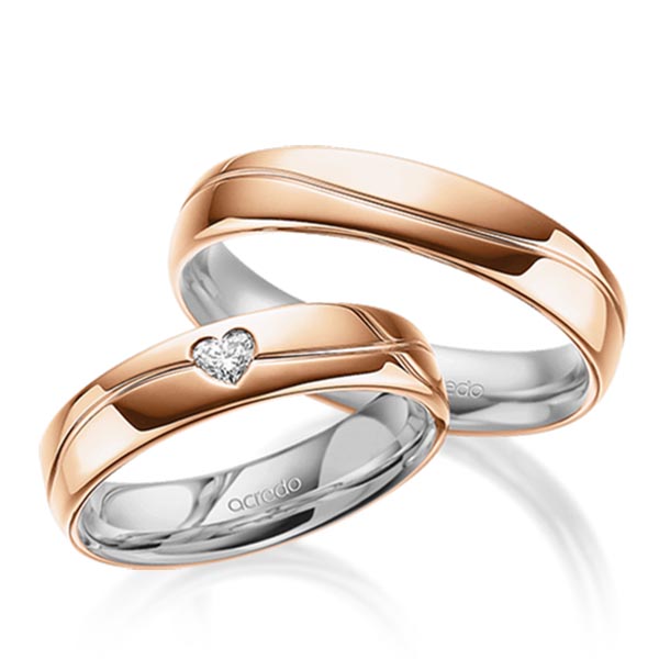 Paar bicolor Trauringe/Eheringe in außen Rotgold 585 , innen Graugold 585 mit zus. 0,1 ct. Herz-Diamant tw, vs von acredo