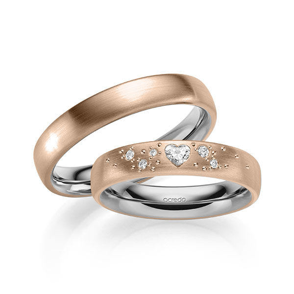 Paar bicolor Trauringe/Eheringe in aussen Rotgold 750 , innen Graugold 750 mit zus. 0,146 ct. Brillant & Herz-Diamant tw, vs von acredo - A-2131-3