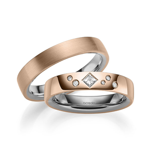 Paar bicolor Trauringe/Eheringe in aussen Rotgold 750 , innen Platin 950 mit zus. 0,146 ct. Brillant & Prinzess-Diamant tw, si von acredo - A-2133-4