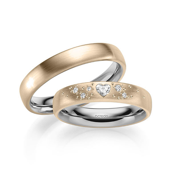 Paar bicolor Trauringe/Eheringe in aussen Signature Gold 750 , innen River Platin 950 mit zus. 0,146 ct. Brillant & Herz-Diamant tw, vs von acredo - A-2131-10