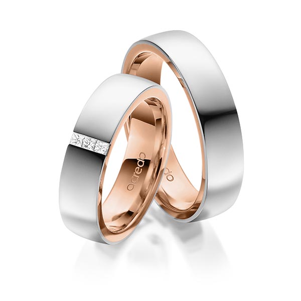 Paar bicolor Trauringe/Eheringe in außen Weißgold 585 , innen Rotgold 585 mit zus. 0,09 ct. Prinzess-Diamant tw, si von acredo - A-1673-11
