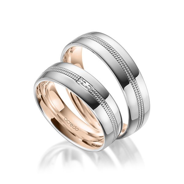 Paar bicolor Trauringe/Eheringe in aussen Weissgold 585 , innen Rotgold 585 mit zus. 0,1 ct. Baguette-Diamant tw, vs von acredo