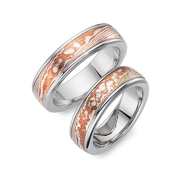 Paar bicolor Trauringe/Eheringe in Edelstahl Mokume Gane Silber 925 Kupfer mit zus. 0,06 ct. Brillant tw, si - UQ-1134-1 Paar bicolor Trauringe/Eheringe in Edelstahl Mokume Gane Silber 925 Kupfer mit zus. 0,06 ct. Brillant tw, si - UQ-1134-1