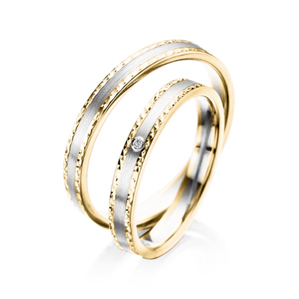 Paar bicolor Trauringe/Eheringe in Gelbgold 375 Weißgold 375 mit zus. 0,008 ct. Brillant tw, si 