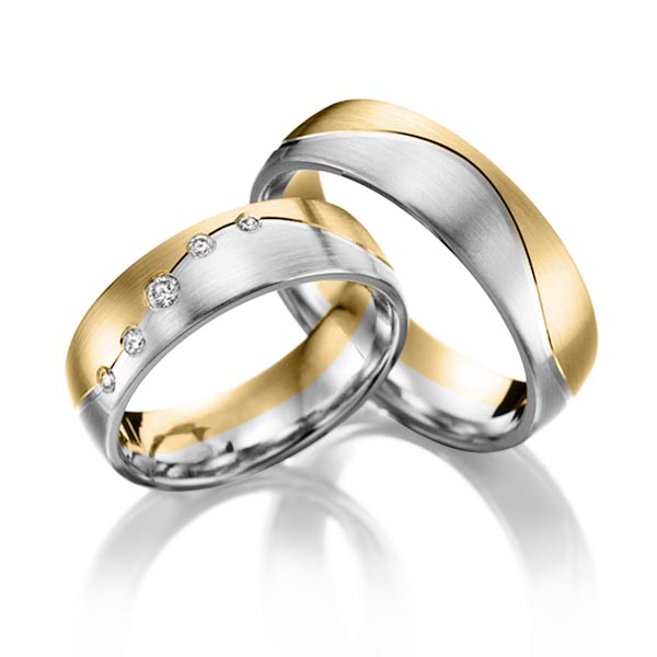 Paar bicolor Trauringe/Eheringe in Gelbgold 375 Weißgold 375 mit zus. 0,1 ct. Brillant tw, si von Steinberg - T-1088-1 Paar bicolor Trauringe/Eheringe in Gelbgold 375 Weißgold 375 mit zus. 0,1 ct. Brillant tw, si von Steinberg - T-1088-1