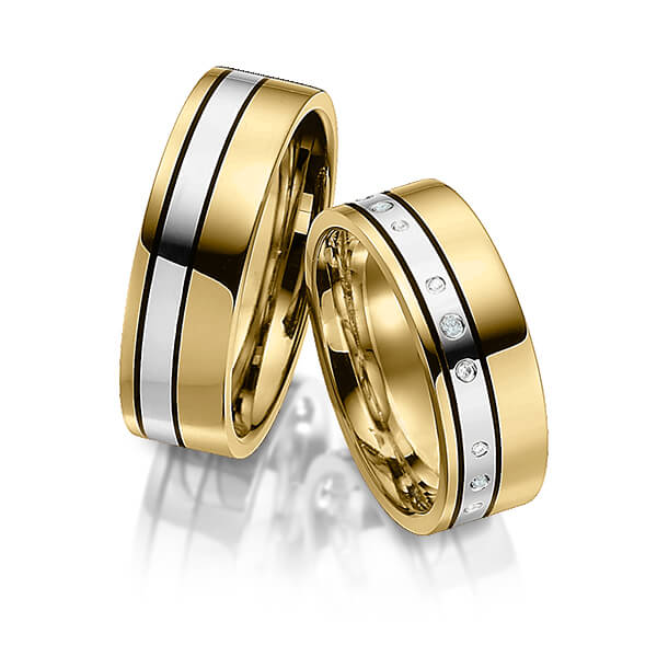 Paar bicolor Trauringe/Eheringe in Gelbgold 585 Graugold 585 mit zus. 0,06 ct. Brillant tw, vs iceblue von Merii - M-1164-10 Paar bicolor Trauringe/Eheringe in Gelbgold 585 Graugold 585 mit zus. 0,06 ct. Brillant tw, vs iceblue von Merii - M-1164-10