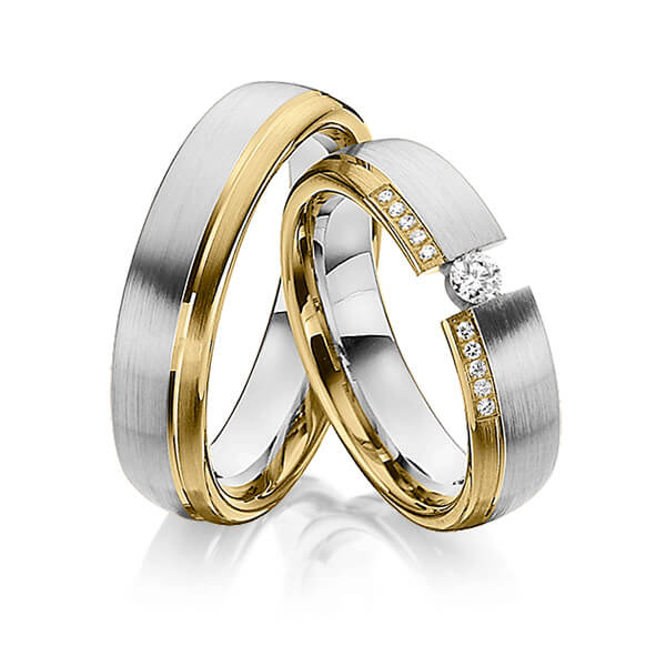 Paar bicolor Trauringe/Eheringe in Gelbgold 585 Graugold 585 mit zus. 0,15 ct. Brillant tw, si von Steinberg