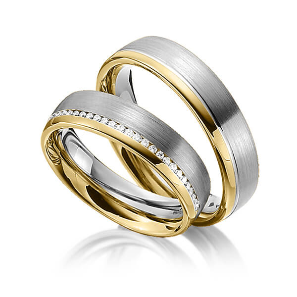 Paar bicolor Trauringe/Eheringe in Gelbgold 585 Graugold dunkel 585 mit zus. 0,145 ct. Brillant tw, si von Steinberg - Q-1337-13 Paar bicolor Trauringe/Eheringe in Gelbgold 585 Graugold dunkel 585 mit zus. 0,145 ct. Brillant tw, si von Steinberg - Q-1337-13