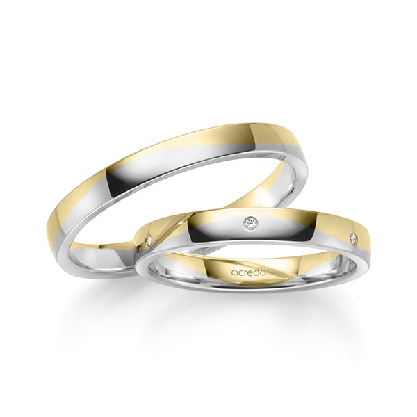 Paar bicolor Trauringe/Eheringe in Gelbgold 585 Weißgold 585 mit zus. 0,03 ct. Brillant tw, vs von acredo - S-1249-5 Paar bicolor Trauringe/Eheringe in Gelbgold 585 Weißgold 585 mit zus. 0,03 ct. Brillant tw, vs von acredo - S-1249-5