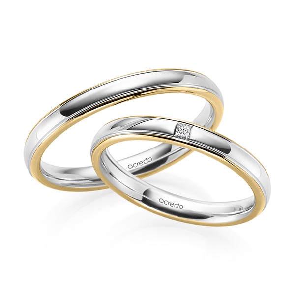 Paar bicolor Trauringe/Eheringe in Gelbgold 585 Weissgold 585 mit zus. 0,03 ct. Prinzess-Diamant tw, si von acredo - S-1227-1 Paar bicolor Trauringe/Eheringe in Gelbgold 585 Weissgold 585 mit zus. 0,03 ct. Prinzess-Diamant tw, si von acredo - S-1227-1