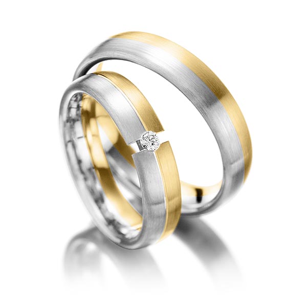 Paar bicolor Trauringe/Eheringe in Gelbgold 585 Weissgold 585 mit zus. 0,05 ct. Brillant tw, si von Steinberg