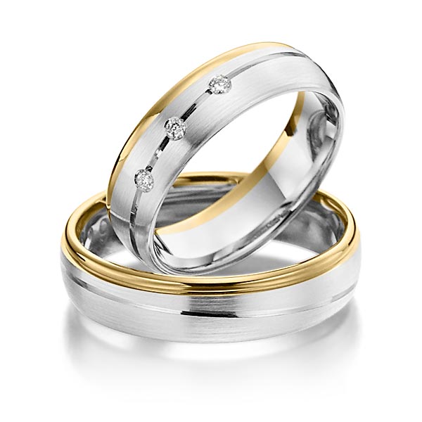 Paar bicolor Trauringe/Eheringe in Gelbgold 585 Weißgold 585 mit zus. 0,06 ct. Brillant tw, si von Steinberg - T-1127-11 Paar bicolor Trauringe/Eheringe in Gelbgold 585 Weißgold 585 mit zus. 0,06 ct. Brillant tw, si von Steinberg - T-1127-11