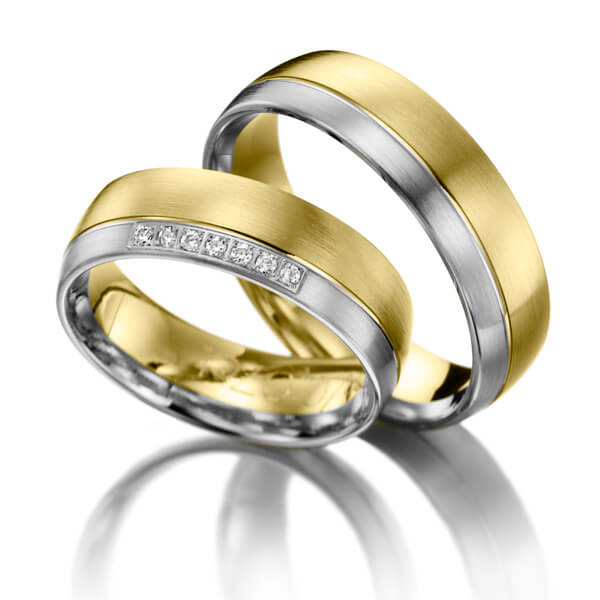 Paar bicolor Trauringe/Eheringe in Gelbgold 585 Weissgold 585 mit zus. 0,07 ct. Brillant tw, si 