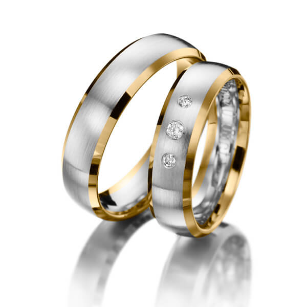 Paar bicolor Trauringe/Eheringe in Gelbgold 585 Weißgold 585 mit zus. 0,08 ct. Brillant tw, si 