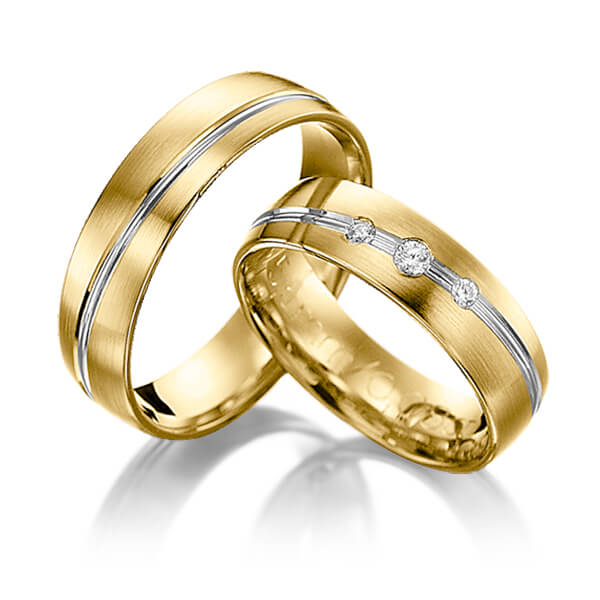 Paar bicolor Trauringe/Eheringe in Gelbgold 585 Weissgold 585 mit zus. 0,08 ct. Brillant tw, si 