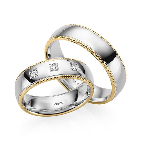 Paar bicolor Trauringe/Eheringe in Gelbgold 585 Weißgold 585 mit zus. 0,09 ct. Brillant tw, si von acredo - S-1242-10 Paar bicolor Trauringe/Eheringe in Gelbgold 585 Weißgold 585 mit zus. 0,09 ct. Brillant tw, si von acredo - S-1242-10