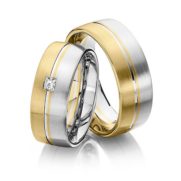 Paar bicolor Trauringe/Eheringe in Gelbgold 585 Weißgold 585 mit zus. 0,12 ct. Prinzess-Diamant tw, si von Steinberg