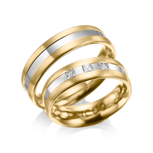 Paar bicolor Trauringe/Eheringe in Gelbgold 585 Weißgold 585 mit zus. 0,18 ct. Prinzess-Diamant tw, si von acredo - A-1021-10 Paar bicolor Trauringe/Eheringe in Gelbgold 585 Weißgold 585 mit zus. 0,18 ct. Prinzess-Diamant tw, si von acredo - A-1021-10