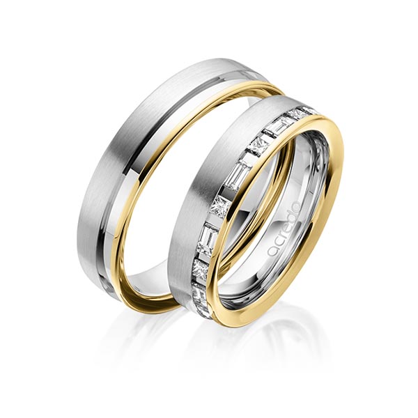 Paar bicolor Trauringe/Eheringe in Gelbgold 585 Weißgold 585 mit zus. 0,9 ct. Prinzess-Diamant & Baguette-Diamant tw, si tw, vs von acredo - A-1628-10