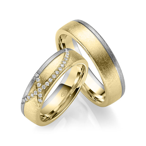 Paar bicolor Trauringe/Eheringe in Gelbgold 750 Graugold 750 mit zus. 0,168 ct. Brillant tw, si - UQ-1050-1 Paar bicolor Trauringe/Eheringe in Gelbgold 750 Graugold 750 mit zus. 0,168 ct. Brillant tw, si - UQ-1050-1