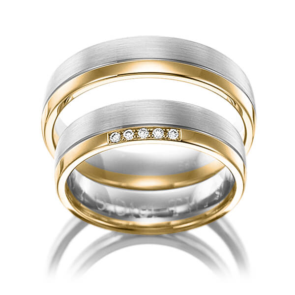 Paar bicolor Trauringe/Eheringe in Gelbgold 750 Palladium 950 mit zus. 0,05 ct. Brillant tw, si von Merii - M-1138-4