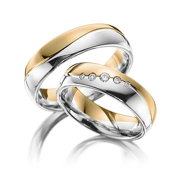 Paar bicolor Trauringe/Eheringe in Gelbgold 750 Platin 777 mit zus. 0,09 ct. Brillant tw, si von Steinberg - Q-1142-6