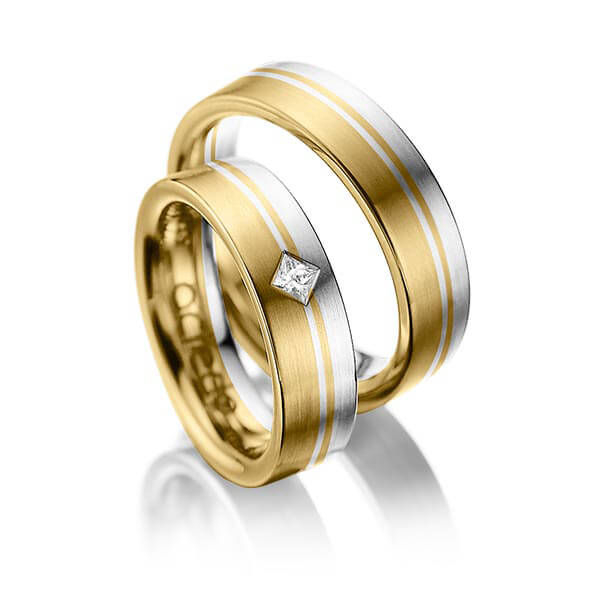 Paar bicolor Trauringe/Eheringe in Gelbgold 750 River Platin 950 mit zus. 0,1 ct. Prinzess-Diamant tw, si von acredo - A-1020-10