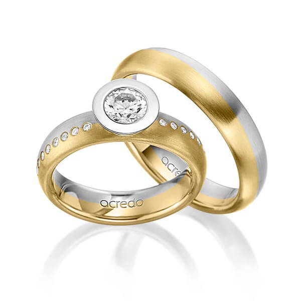 Paar bicolor Trauringe/Eheringe in Graugold 585 Gelbgold 585 mit 0,4 ct. + zus. 0,175 ct. Brillant tw, vs tw, si von acredo - A-1538-9 Paar bicolor Trauringe/Eheringe in Graugold 585 Gelbgold 585 mit 0,4 ct. + zus. 0,175 ct. Brillant tw, vs tw, si von acredo - A-1538-9