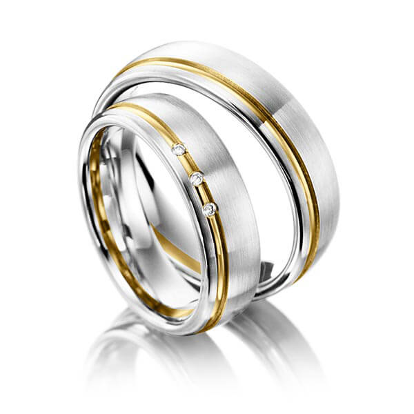 Paar bicolor Trauringe/Eheringe in Graugold 585 Gelbgold 585 mit zus. 0,03 ct. Brillant tw, vs von acredo