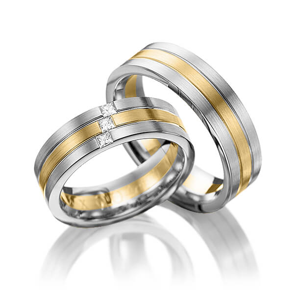 Paar bicolor Trauringe/Eheringe in Graugold 585 Gelbgold 585 mit zus. 0,12 ct. Prinzess-Diamant tw, vs von 123GOLD - Y-1094-12 Paar bicolor Trauringe/Eheringe in Graugold 585 Gelbgold 585 mit zus. 0,12 ct. Prinzess-Diamant tw, vs von 123GOLD - Y-1094-12