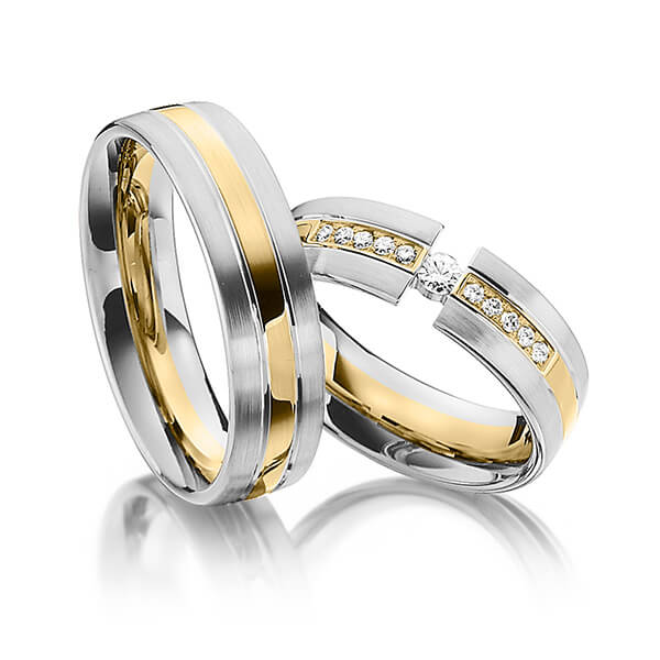 Paar bicolor Trauringe/Eheringe in Graugold 585 Gelbgold 585 mit zus. 0,16 ct. Brillant tw, si von Steinberg - Q-1366-4 Paar bicolor Trauringe/Eheringe in Graugold 585 Gelbgold 585 mit zus. 0,16 ct. Brillant tw, si von Steinberg - Q-1366-4