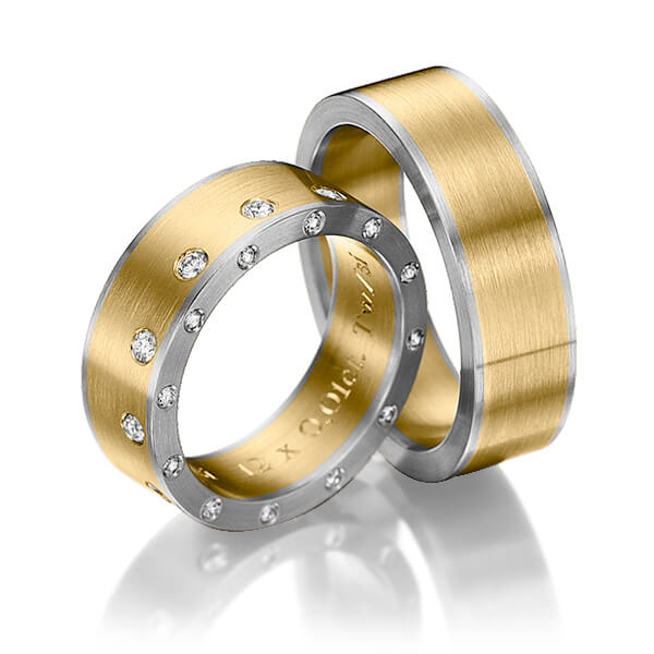Paar bicolor Trauringe/Eheringe in Graugold 585 Gelbgold 585 mit zus. 0,48 ct. Brillant tw, si von Steinberg - Q-1215-13 Paar bicolor Trauringe/Eheringe in Graugold 585 Gelbgold 585 mit zus. 0,48 ct. Brillant tw, si von Steinberg - Q-1215-13