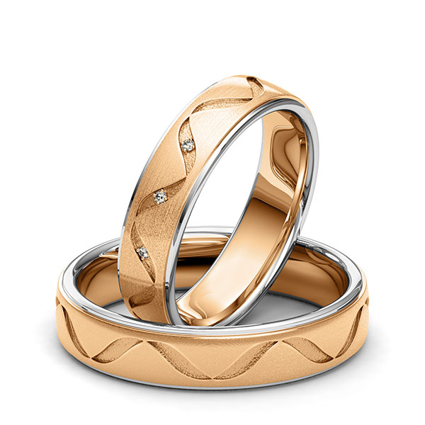 Paar bicolor Trauringe/Eheringe in Graugold 585 Roségold 585 Laser Struktur mit zus. 0,015 ct. Brillant tw, si von 123GOLD