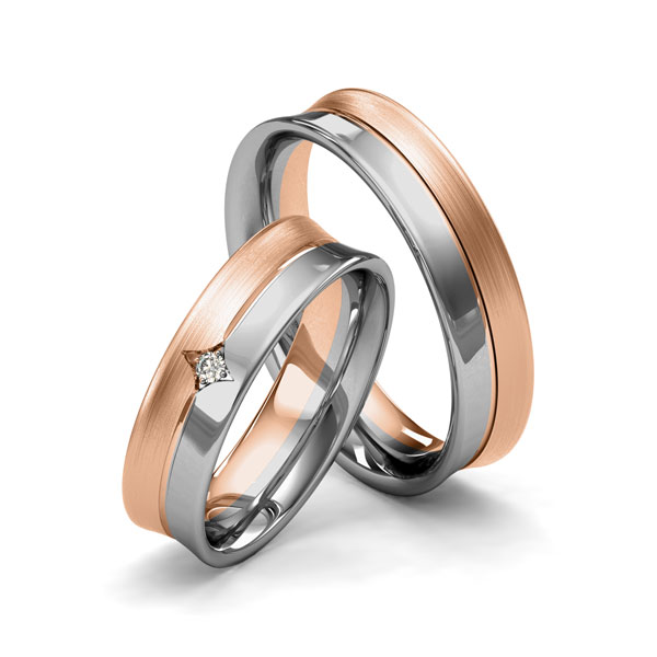 Paar bicolor Trauringe/Eheringe in Graugold 585 Rotgold 585 mit zus. 0,025 ct. Brillant tw, si von Merii - M-1201-11 Paar bicolor Trauringe/Eheringe in Graugold 585 Rotgold 585 mit zus. 0,025 ct. Brillant tw, si von Merii - M-1201-11