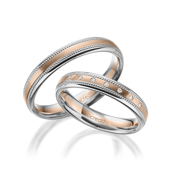 Paar bicolor Trauringe/Eheringe in Graugold 585 Rotgold 585 mit zus. 0,035 ct. Brillant tw, si von acredo - A-1744-11 Paar bicolor Trauringe/Eheringe in Graugold 585 Rotgold 585 mit zus. 0,035 ct. Brillant tw, si von acredo - A-1744-11